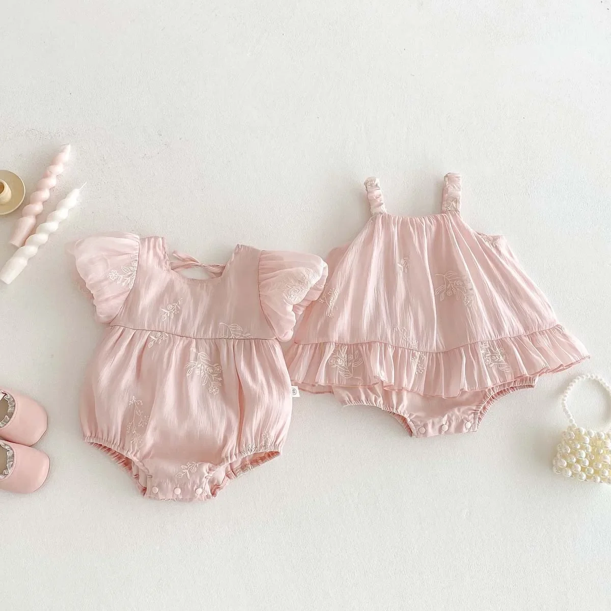 

Baby Pink Strap Top Summer New Girl Baby Sweet Princess Dress Triangle Climbing Full Moon Dress