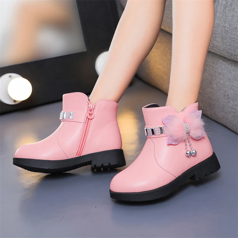 Winter New Children\'s Shoes Girl Mid Length Warm Leather Boots Baby Bow Cute  Plush Student  Cotton Boots