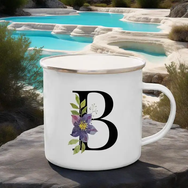 

Black Letter Flowers Print Enamel Mug Coffee Cup Drinks Water Milk Cups Party School Homes Hotel Handle Mugs Holiday Gifts