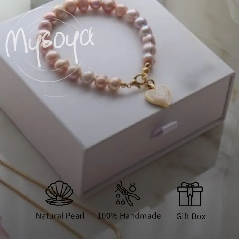 

MYSOYA розовый пресноводный жемчуг браслет с подвеской «Любовь» 7-8 мм с подарочной коробкой для него/е дня рождения/свадьбы/Рождества/новогодний подарок