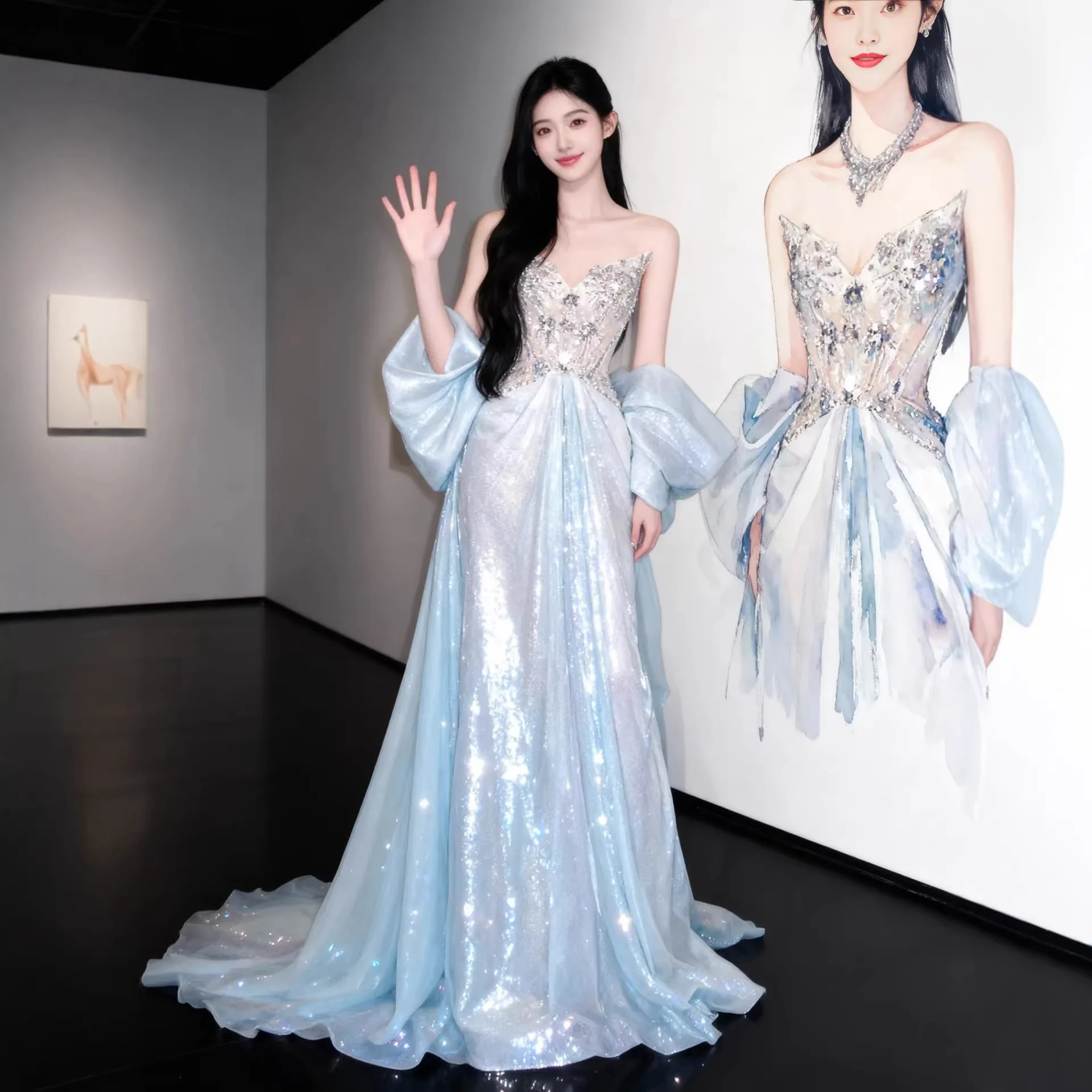 

Host Evening Dress Annual Meeting Sequined Tube Top Birthday Party Art Exam Adult Ceremony Heavy Industry Toast Clothing