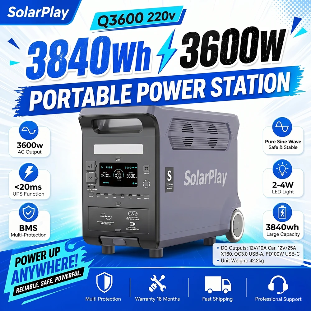 SOLARPLAY Q3600 3600W AC-Ausgang Solargenerator mit 3840Wh LiFePO4 Batterie, Ultimative Notstromversorgung für Autarkes Leben, Wohnmobile & Baustellen
