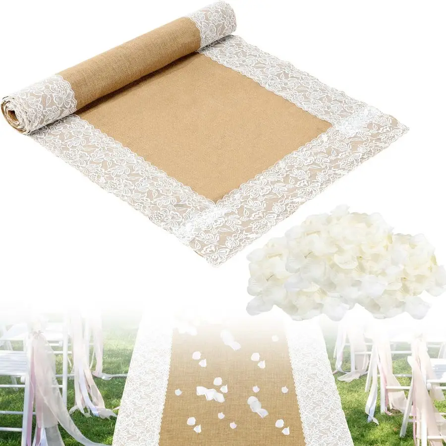 

Бегун для свадебной церемонии 20 футов x 34 дюйма, 1000 шт., белые искусственные лепестки, свадебные украшения, льняной ковер для подиума с кружевом для пляжа