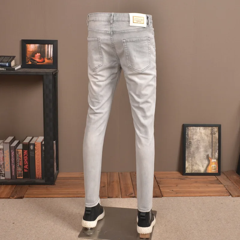Summer Thin Light Luxury Printed Jeans Men's Fashionable High-End Stretch Slim Fit Skinny Casual Light Color Trousers