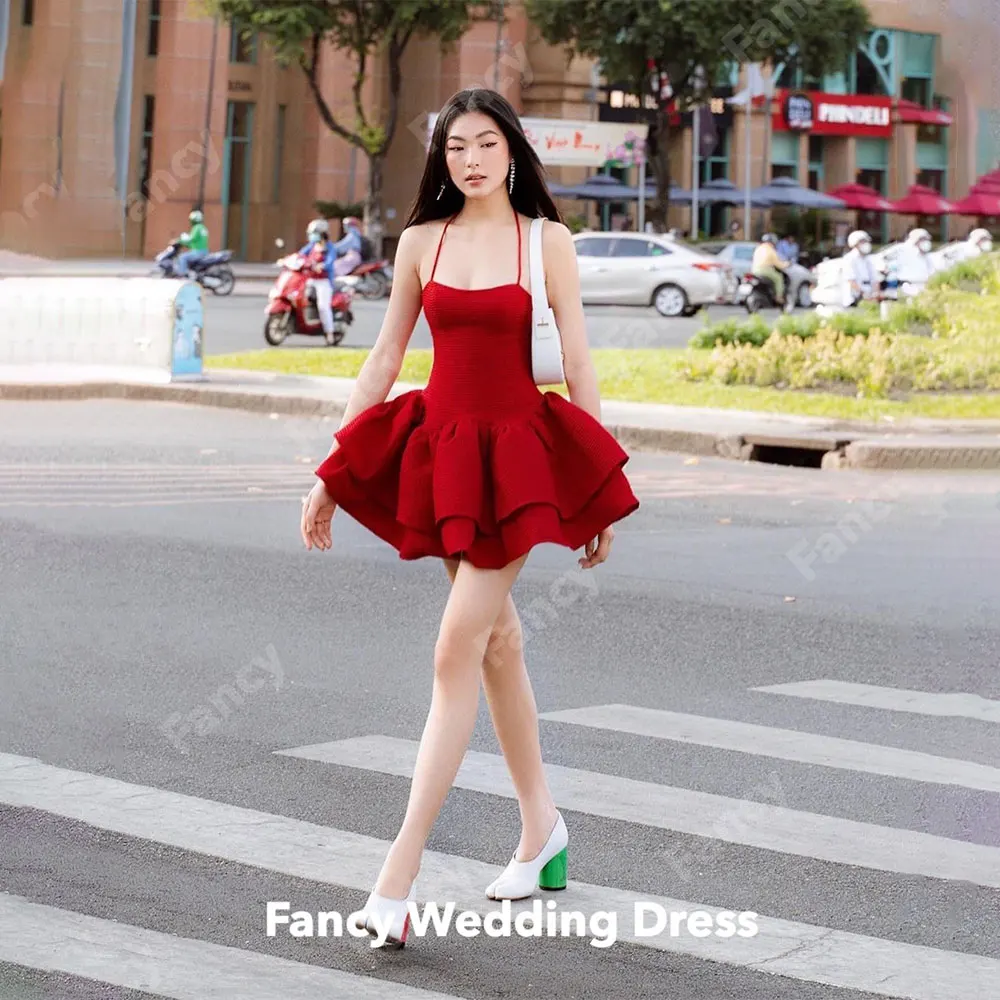 

Fancy Sexy Red A Line Evening Dress Korea Halter Sleeveless Satin Mini Short Prom Gown Tiered Ruffles Birthday Party Dresses