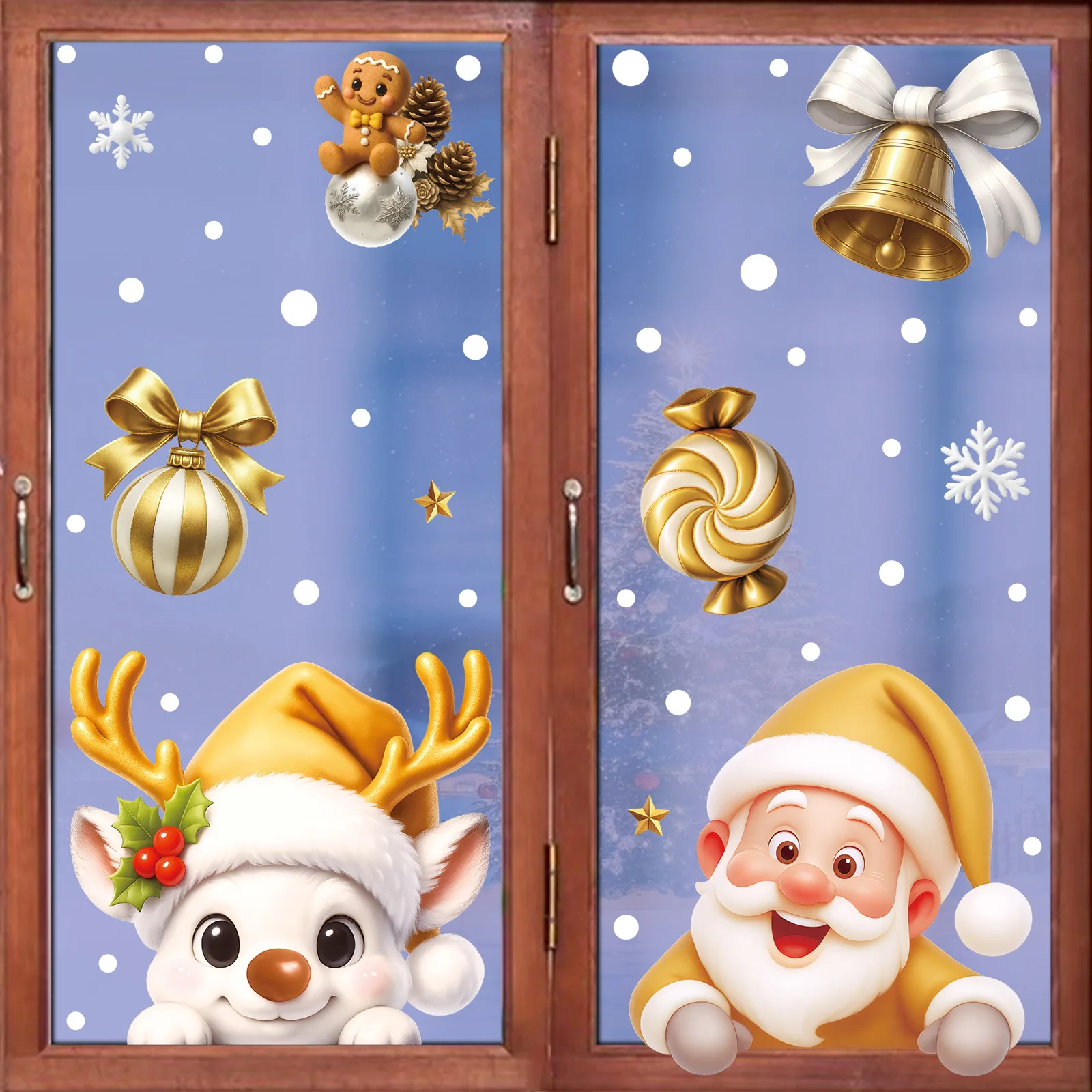Set of 2 Christmas Static Cling Stickers, Gold Reindeer Snowman Holiday Window Decor for Glass Festive Pair