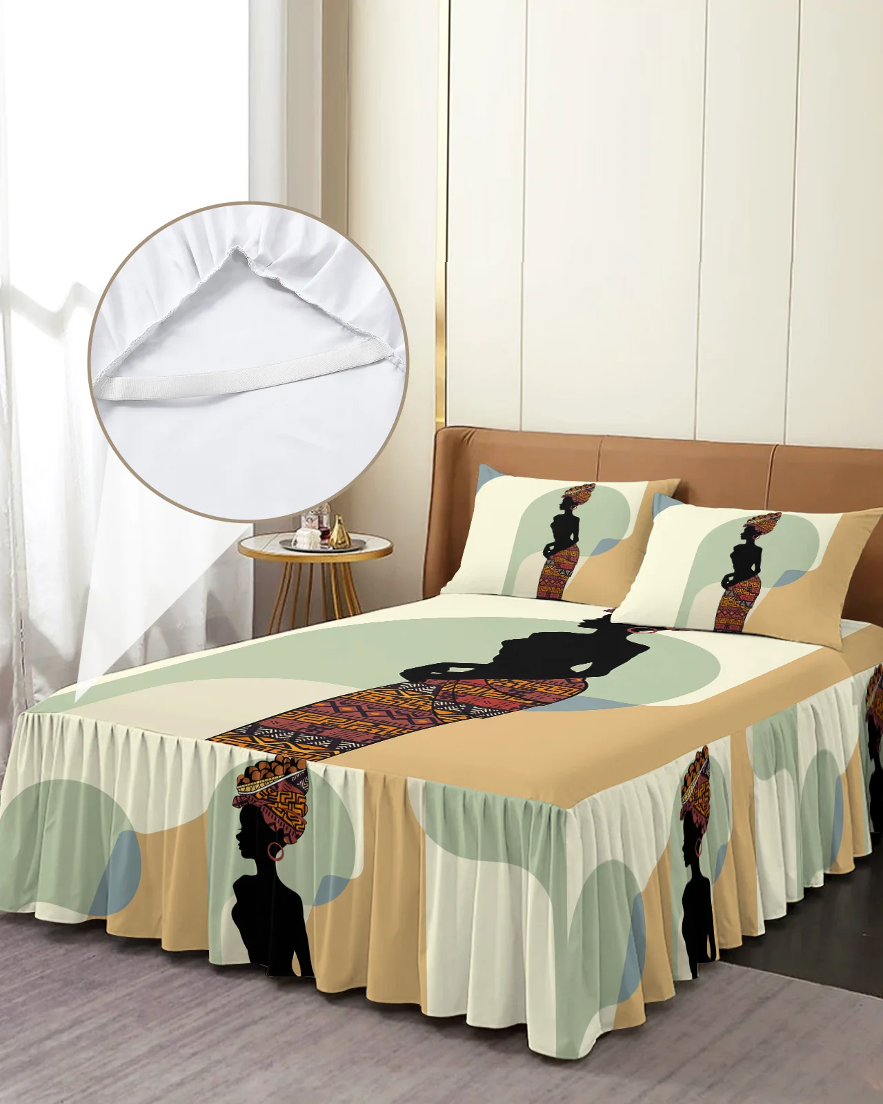 African Woman Geometry Bed Skirt Elastic Fitted Bedspread With Pillowcases Bed Protector Mattress Cover Bedding Set Bed Sheet