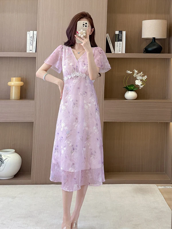 

Summer New Gentle Floral Print Women's Dress Waist Cinching Slim V-Neck Bubble Sleeve Embellished Chiffon Fairy Skirt