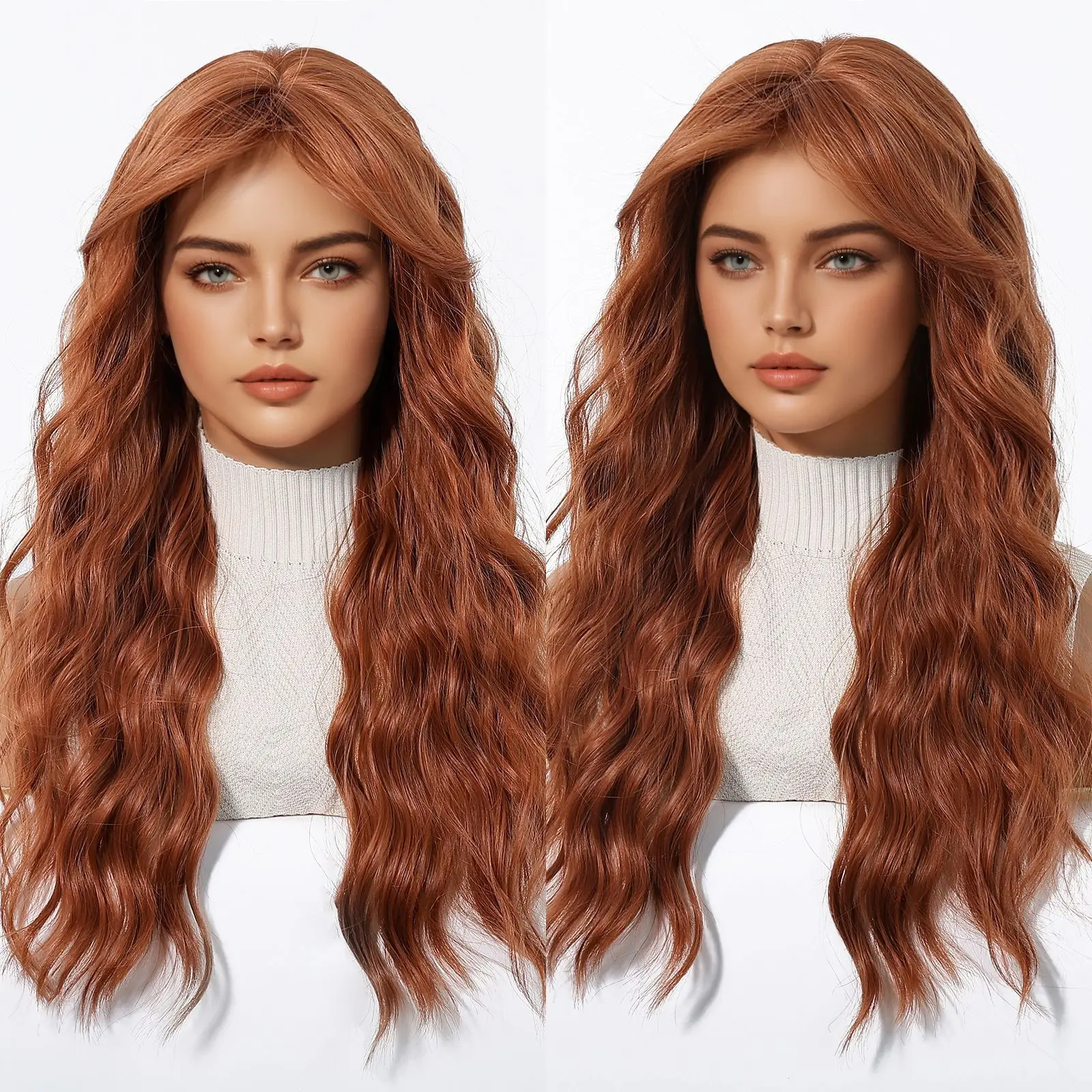 European and American wig female orange long curly hair big waves Qi bangs simulation breathable full headgear type - Image 2