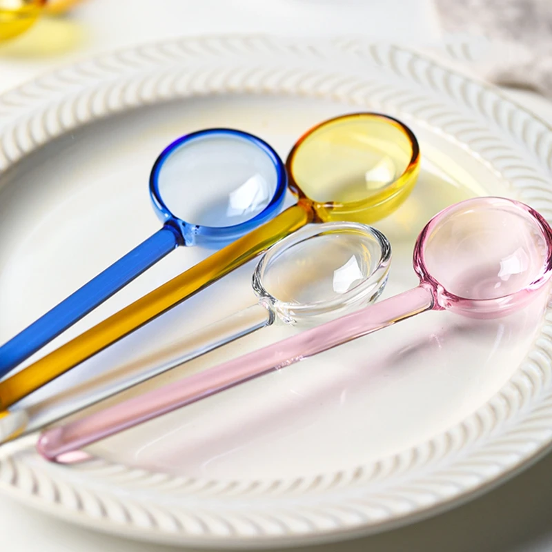 1pc Glass Milk Spoon Colored Transparent Coffee Dessert Stirring Spoon Long Handle Kitchen Tableware Stirrer Rod