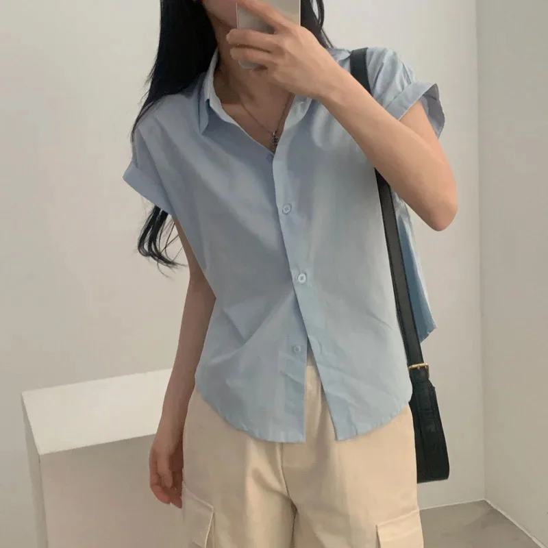 

Женская одежда в корейском стиле, офисные женские однотонные элегантные блузки, модные летние повседневные топы, женская рубашка с коротким рукавом 8508