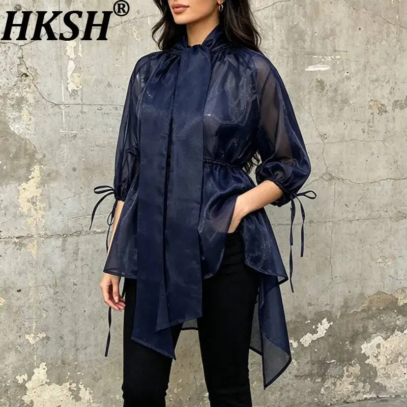 

HKSH Women Shirt French Style Retro Solid Color Mesh Lantern Sleeves Fashionable Ribbon Design Sheer Lace-Up Chic Blouse HK24597