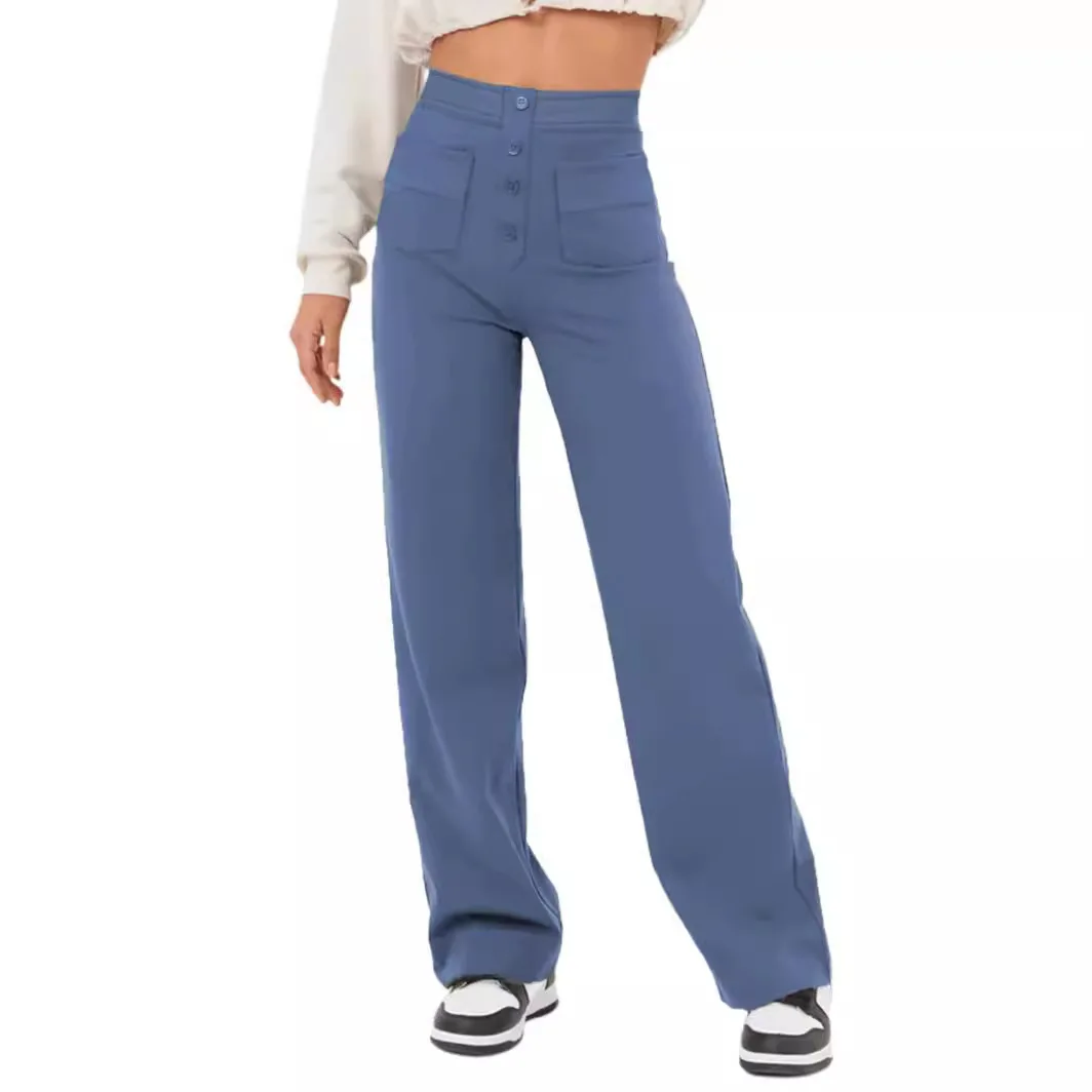 

2024 European Fashion New Women's Casual Straight Leg Pants High Waist Button Elastic With Multiple Pockets Nine-point Pants