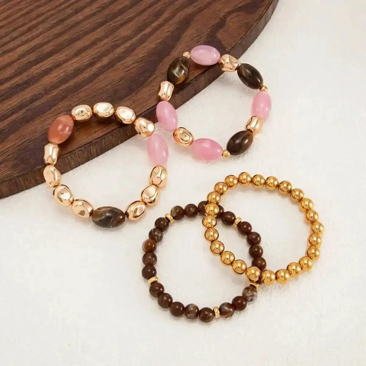 KunJoe 4Pcs/Set Trendy Irregular Oval Bead Elastic Bracelet Women Boho Resin Geometric Beaded Bangle 2026 Fashion Couple Jewelry