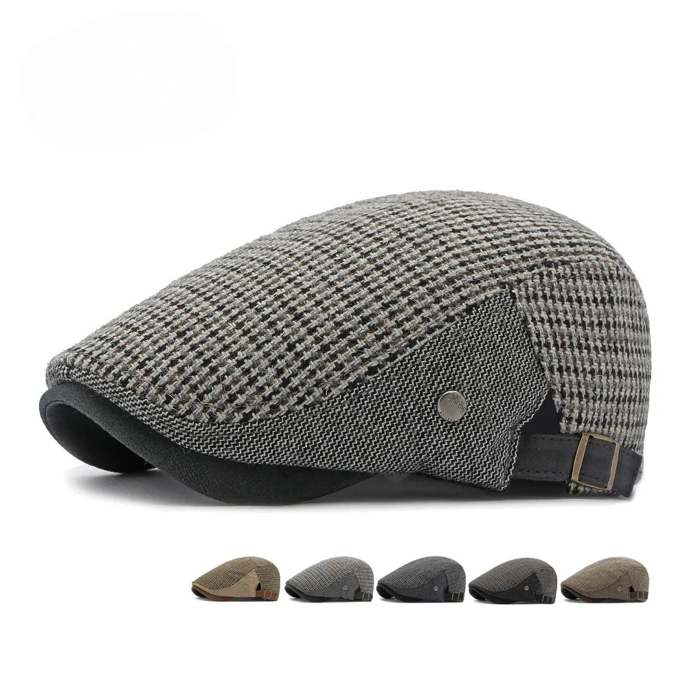 New Fall/Winter Wool Houndstooth Check “Forward” Cap for Men: Vintage Artist Beret, British-Style Vintage Baseball Cap