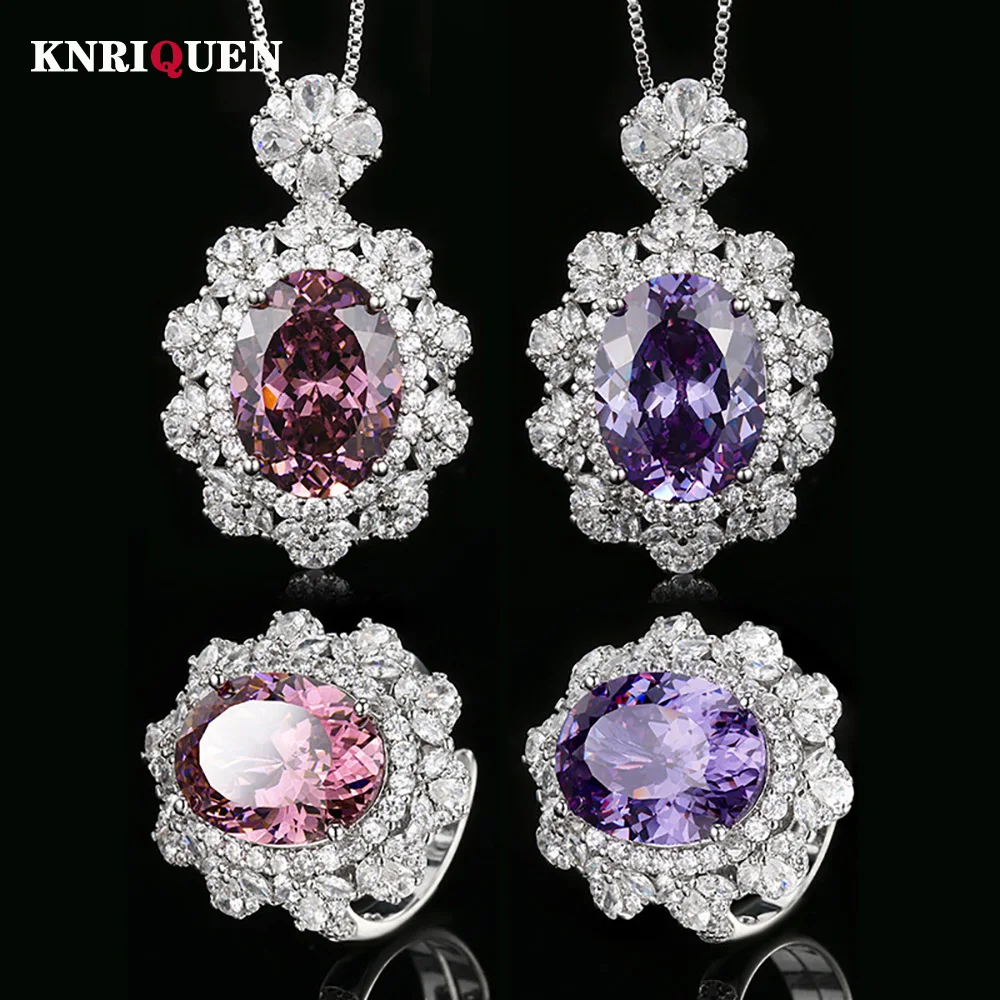

New Vintage 12*16mm Amethyst Pink Quartz Pendant Necklace Rings for Women Gemstone Lab Diamond Party Jewelry Sets Birthday Gift