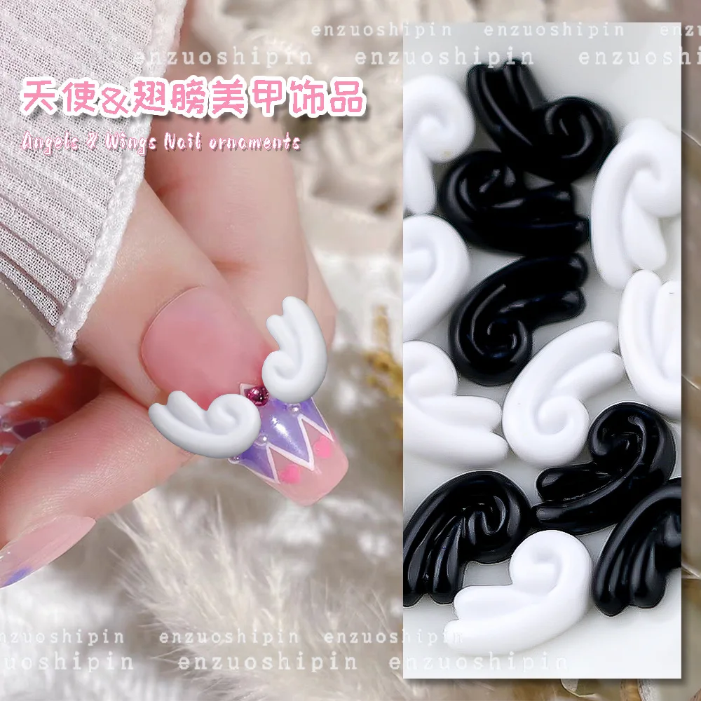 40PCS 3D Black White Angel Wings Nail Art Charms Kawaii Accessories Parts For Manicure Deco Nails Decoration Supplies Material