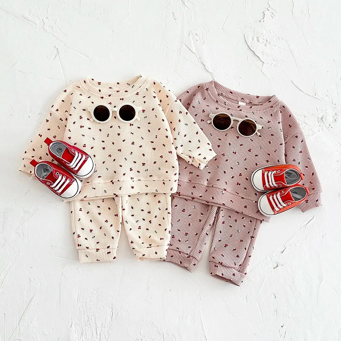 

2024 Newborn Baby Sets Spring Autumn Warm Cotton Clothes Waffle Fruits Print Leisure Sportswear Boys Girls Infant 0-3Y