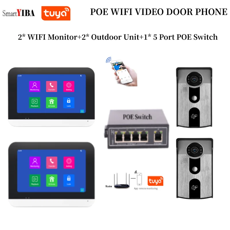 SmartYIBA POE IP Video Intercom Kit Smart Doorbell Multi-language Tuya WIFI Monitor POE Switch For Door Station Video Door Phone