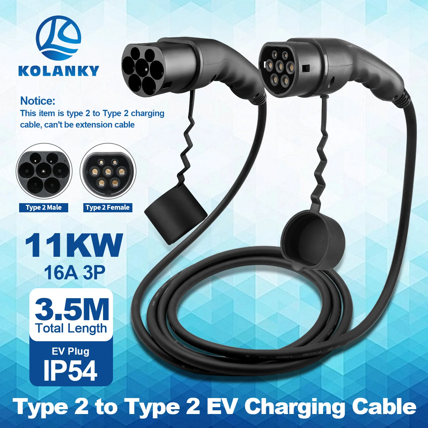 Kolanky Type 2 to Type 2 EV Charging Cable Protable 16A 11kW 3P IEC 62196-2 Charger For Electric Vehicles Car In Public Station