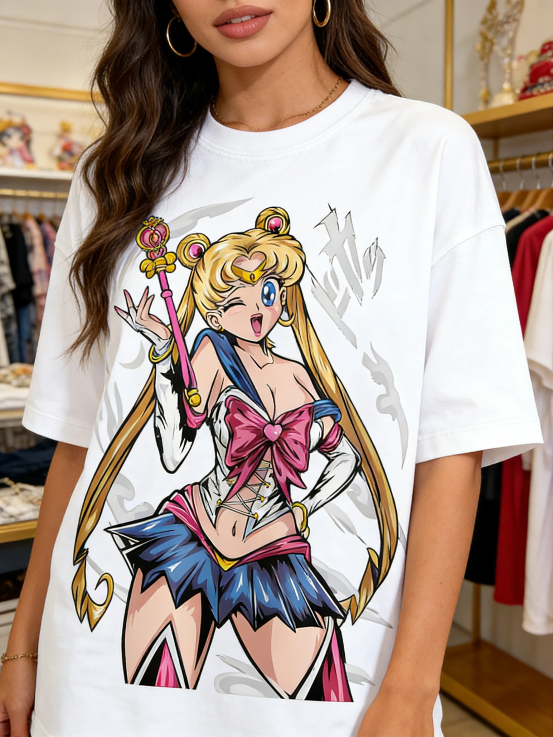 

Loose Fit High Quality Cotton Sailor Moon T Shirt Usagi Blonde Hair Pink Wand Blue Pink Suit Winking Pose Casual Sportswear