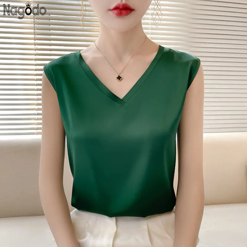 2023 High Quality Summer V-Neck Silk Satin Tank Top Office Lady Blouse Women Sleeveless Vest Plus Size Bottoming T-Shirt