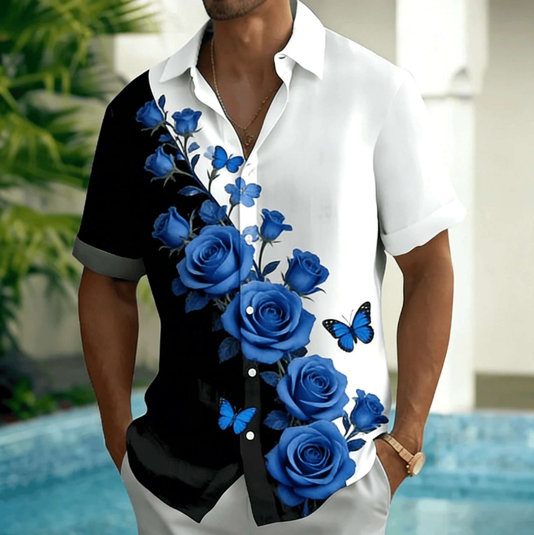 Men's Color Blocked Flower Print Short Sleeved Shirt, Summer Fresh Casual Vacation Shirt, Loose Casual Top