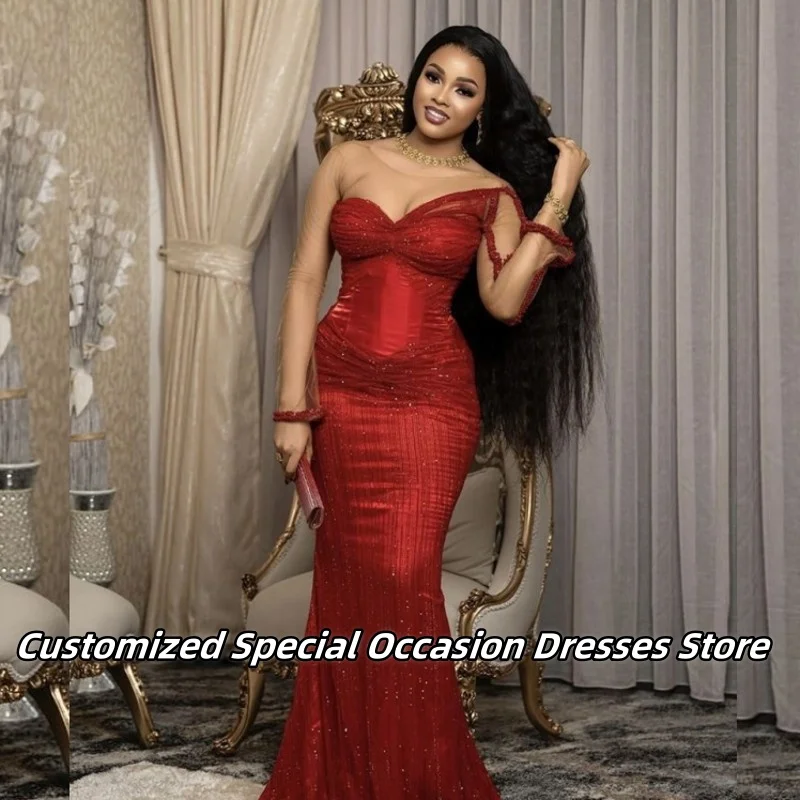

Wine Red Sheer Sleeves Evening Dresses For Women Long Mermaid Dinner Prom Gowns Wedding Party Dress Vestido De Festa Customized