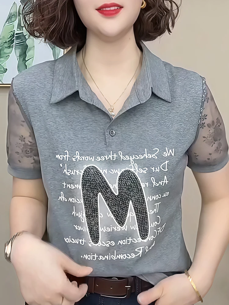 2025年夏新作 レディース カジュアル ポロカラー 半袖Tシャツ 超可愛い 若見え レタープリント トップス