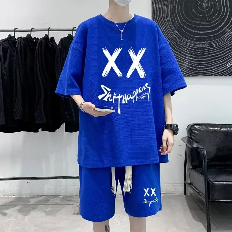 Summer Man Tracksuit Korean Fashion Streetwear Hip Hop Rock Casual Short Suit Cool Printed T Shirts Shorts 2 Piece Set 2024 New