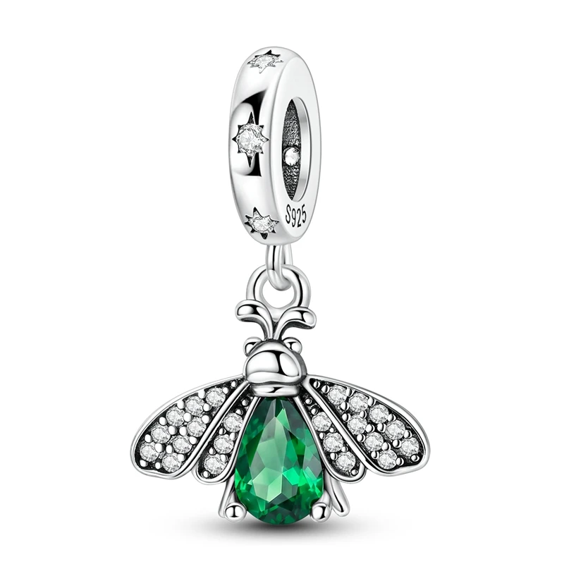 925 Sterling Silver Charms Pendant CZ Zircon Green Gemstone Firefly Dangle Fit Original Bracelet DIY Women Jewelry Gift