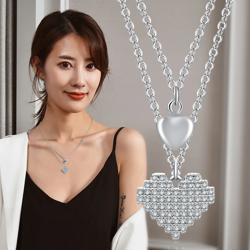 قلادة جديدة على شكل قلب من الفولاذ التيتانيوم القديم، سلسلة الترقوة على شكل قلب مزدوجة الطبقة، إكسسوار قلادة على شكل قلب مزدوج