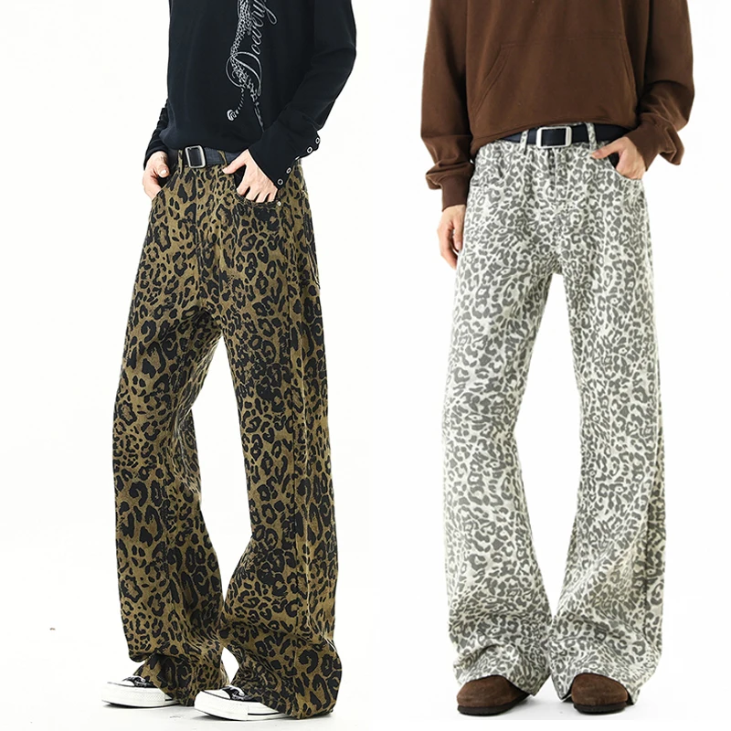 Retro Leopard Print Micro Flared Jeans Men Loose Wide Leg Flared Denim Pants Y2K Street Fashionable Trendy Personalized Trousers