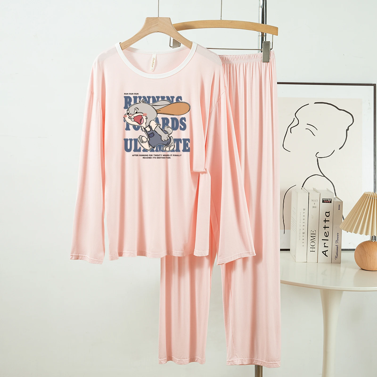 

5178-145 New Casual and Lazy Style Modal Round Neck Pajamas for Women, Spring and Autumn Long-Sleeved Long Pants Two-Piece Home Wear Set