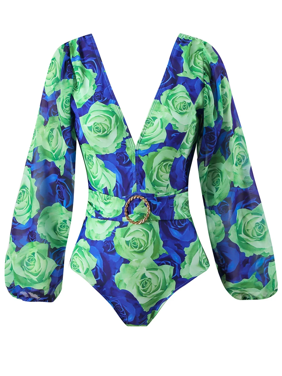 2026 Rose Print V Neck Long Sleeve Swimsuit Women One Piece Sexy Swimwear Female Beachwear Bathers Bathing Swimming Swim Suit