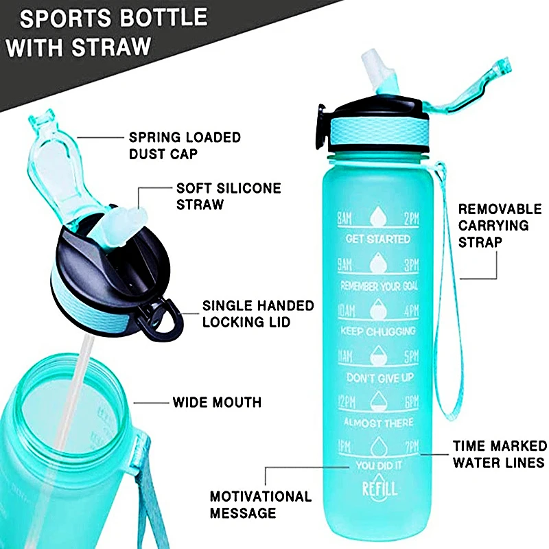 32OZ Portable Water Bottle Motivational Sports Water bottle with Time Marker Leak-proof Cup for Outdoor Sport Gym Fitness Jugs