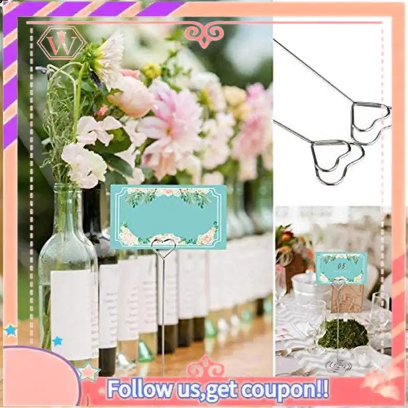 Upgraded 120 Pcs Card Holder Heart Shape Table Picture Stand Wire Tabletop Photo Holder Menu Clips,Silver