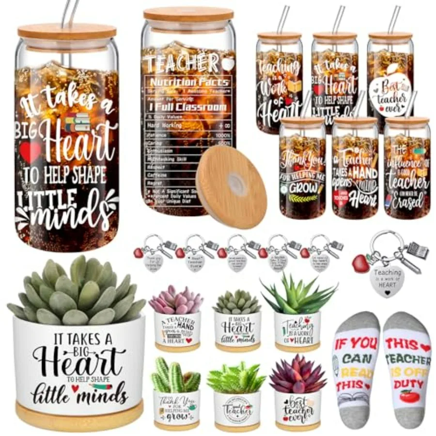 

24 шт. подарки учителю, подарок учителю с благодарностью, 16 унций, стеклянные чашки, горшки для сочных растений, брелки, носки для женщин Th