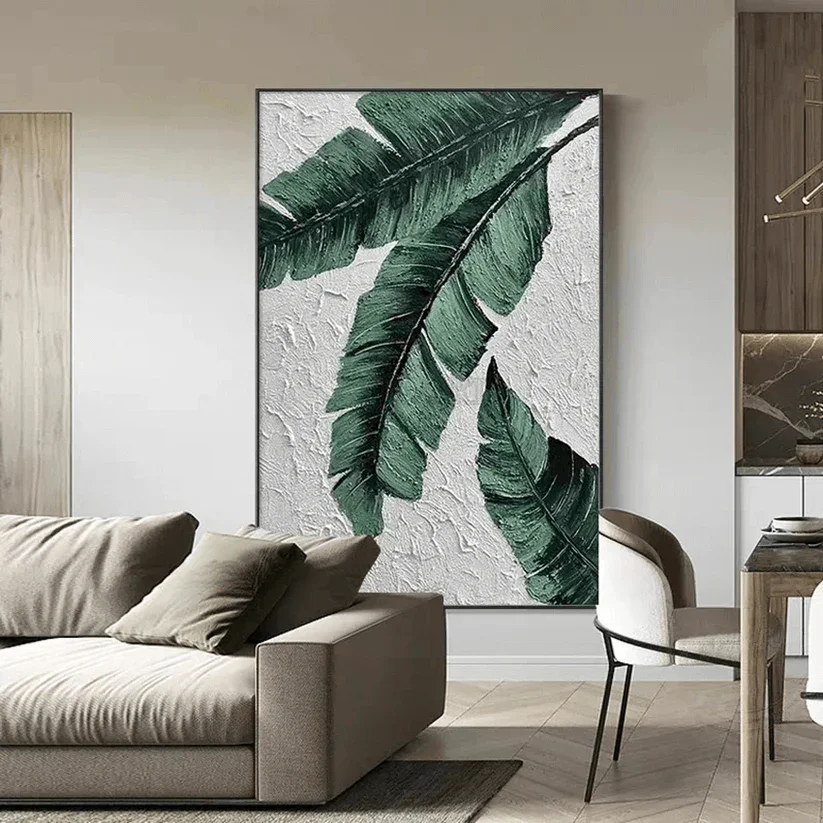 Nature-Inspired Botanical Oil Painting Wall Art Handmade Oversized Green Leaf Canvas Oil Painting for Livingroom Wall Decortions