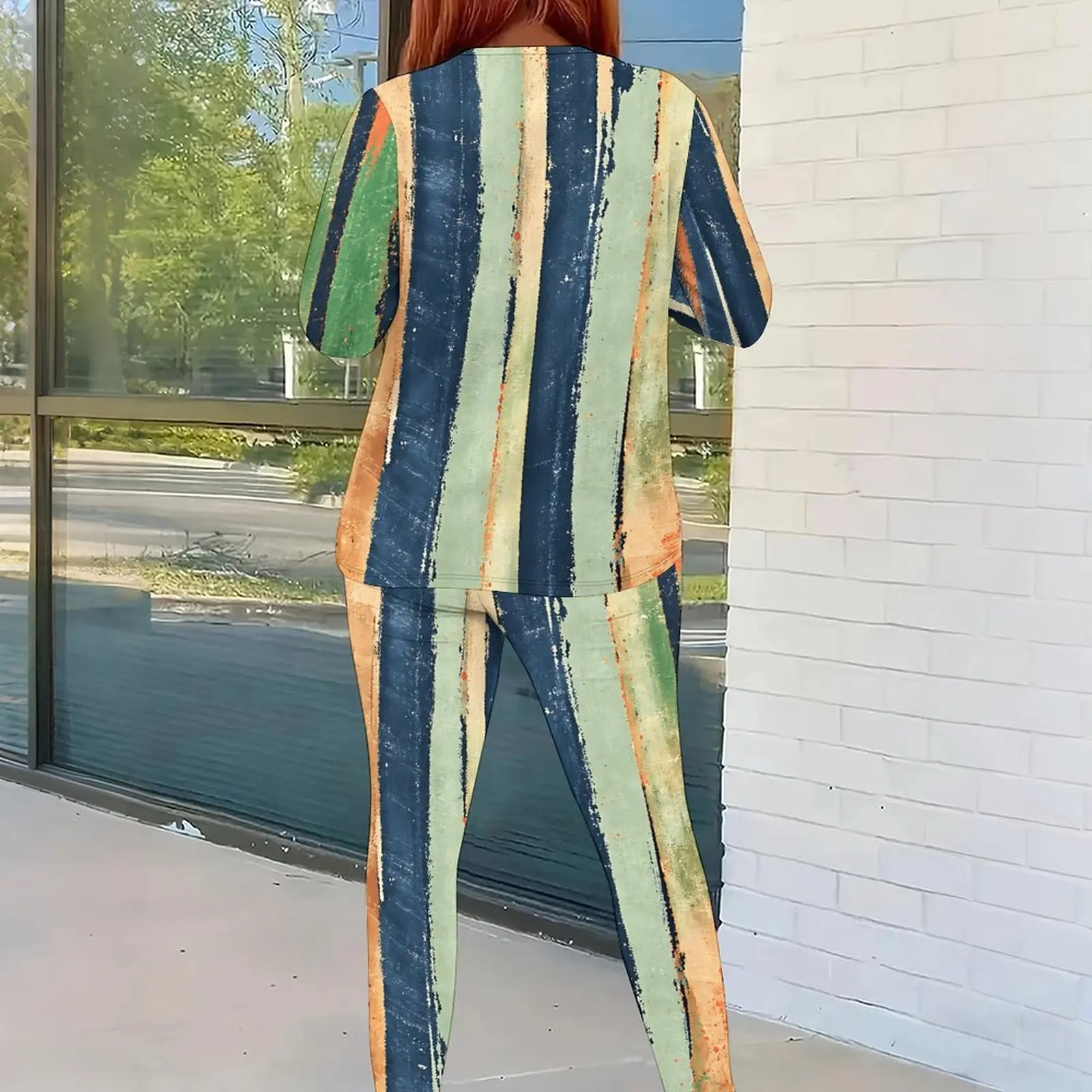 Women Vertical Striped Printed Long Sleeve Top And Fitted Pants Two Piece Set