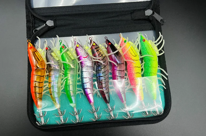 ShareShark 8-teiliges Set Leuchtende Weiche Garnelen-Jigs, Harte Angelköder, Garnelen-Tintenfisch-Haken, Holz-Garnelenköder, Angelköder-Set – Detail 11