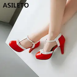 ASILETO Plus Size 32-44 scarpe con tacco alto décolleté con tacco tondo décolleté con plateau da donna con cinturino per calzature da sposa con fiocco 972