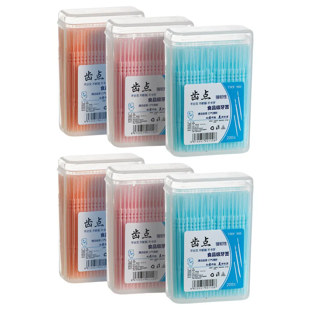 

6 Boxes Interdental Brush Disposable Double-End Toothpick Mixed Color Portable Teeth Cleaning Tools Home Office Travel Dental