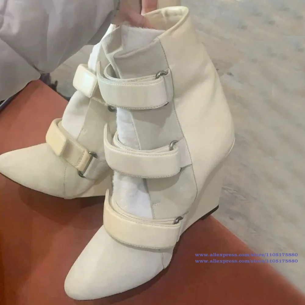 

Белые ботильоны с несколькими пряжками и ремешком, ботинки до середины икры на танкетке с пряжкой и ремешками, роскошная дизайнерская женская обувь ручной работы Botas Mujer
