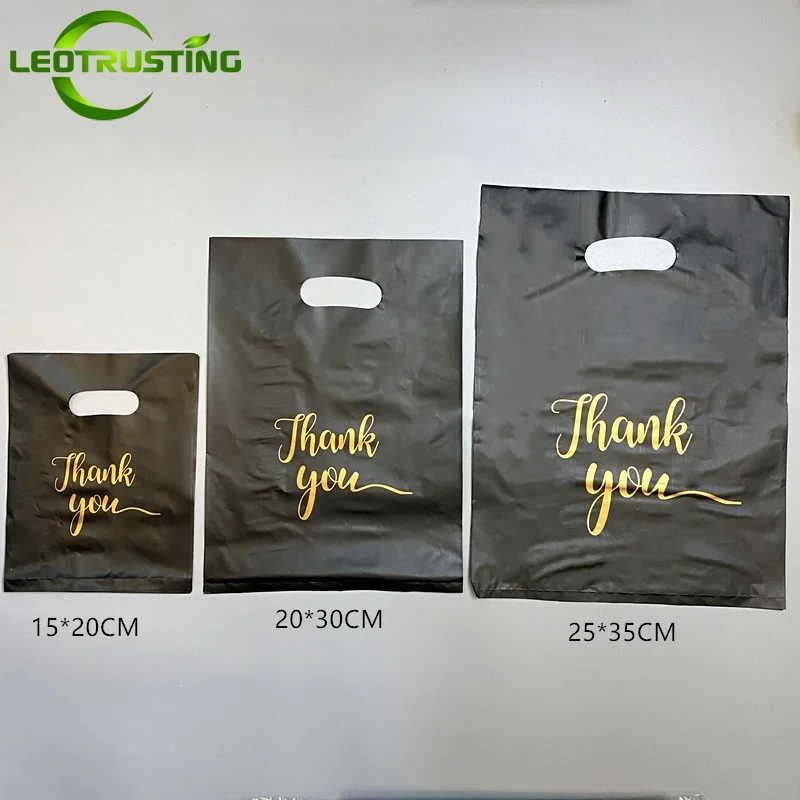 100PCS Matte Black Plastic Clothing Garment Thank You Handle Shopping Bag DIY Dress Underwear Toys Present Gift Portable Pouches