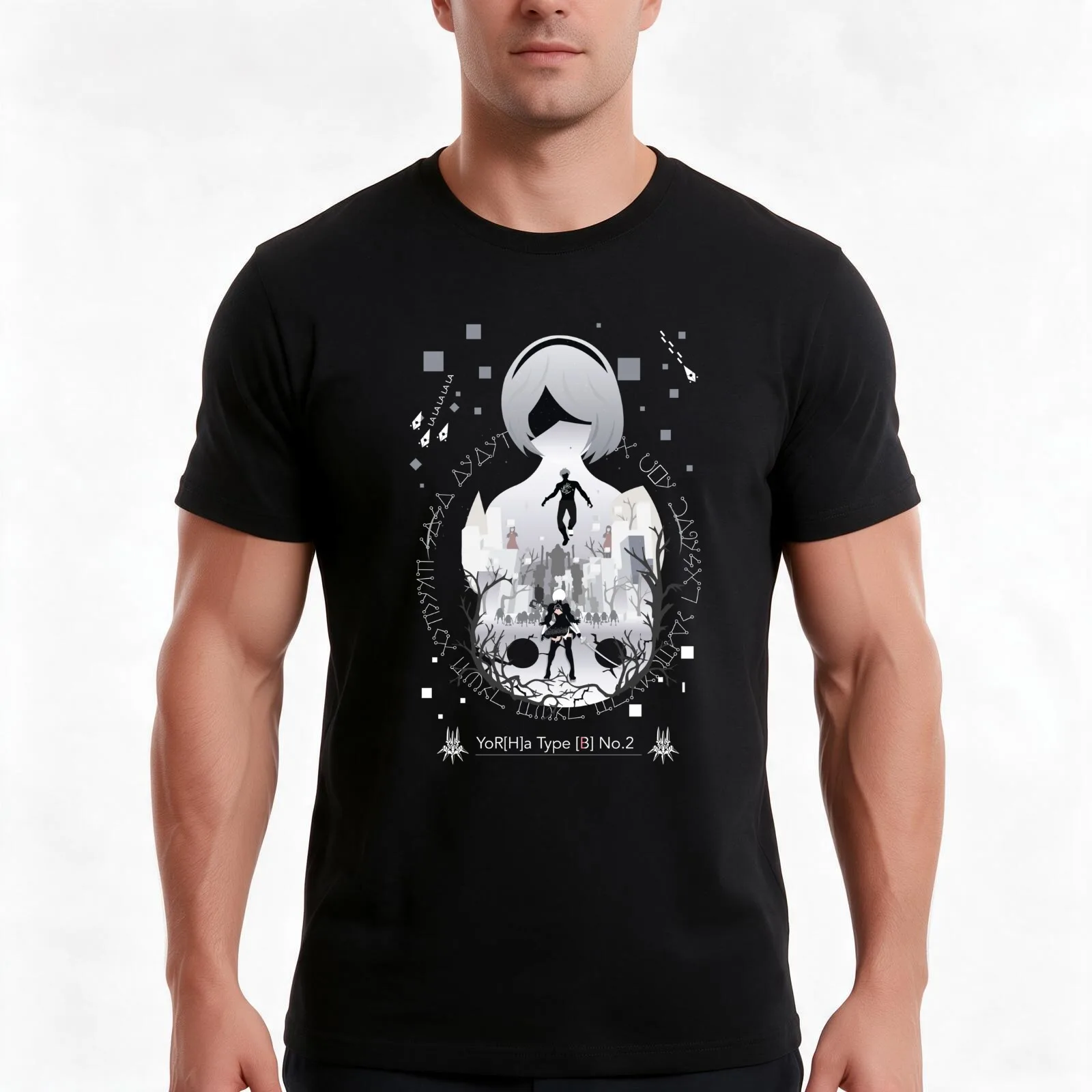 Yorha Unit 2b negative Space T-Shirt, Summer Casual Cotton Tee, Oversized Streetwear Tops, Vintage Graphic Print, 100% Cotton