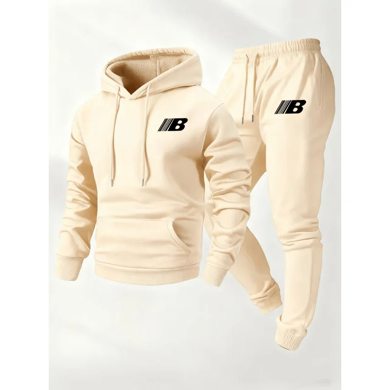

Spring And Autumn Men'S Fleece Hooded Sweatshirt And Sweatpants Set，Suitable For Outdoor Leisure Activities