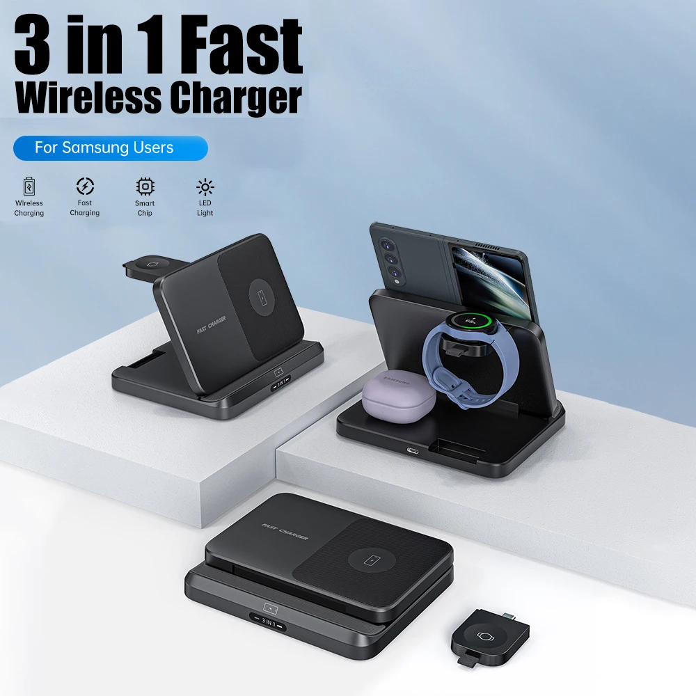 Foldable Wireless Charger Stand for Samsung Galaxy Z Fold 5 4 3 S24 Ultra Fast Charging Dock Station for Galaxy Watch 6 Buds2