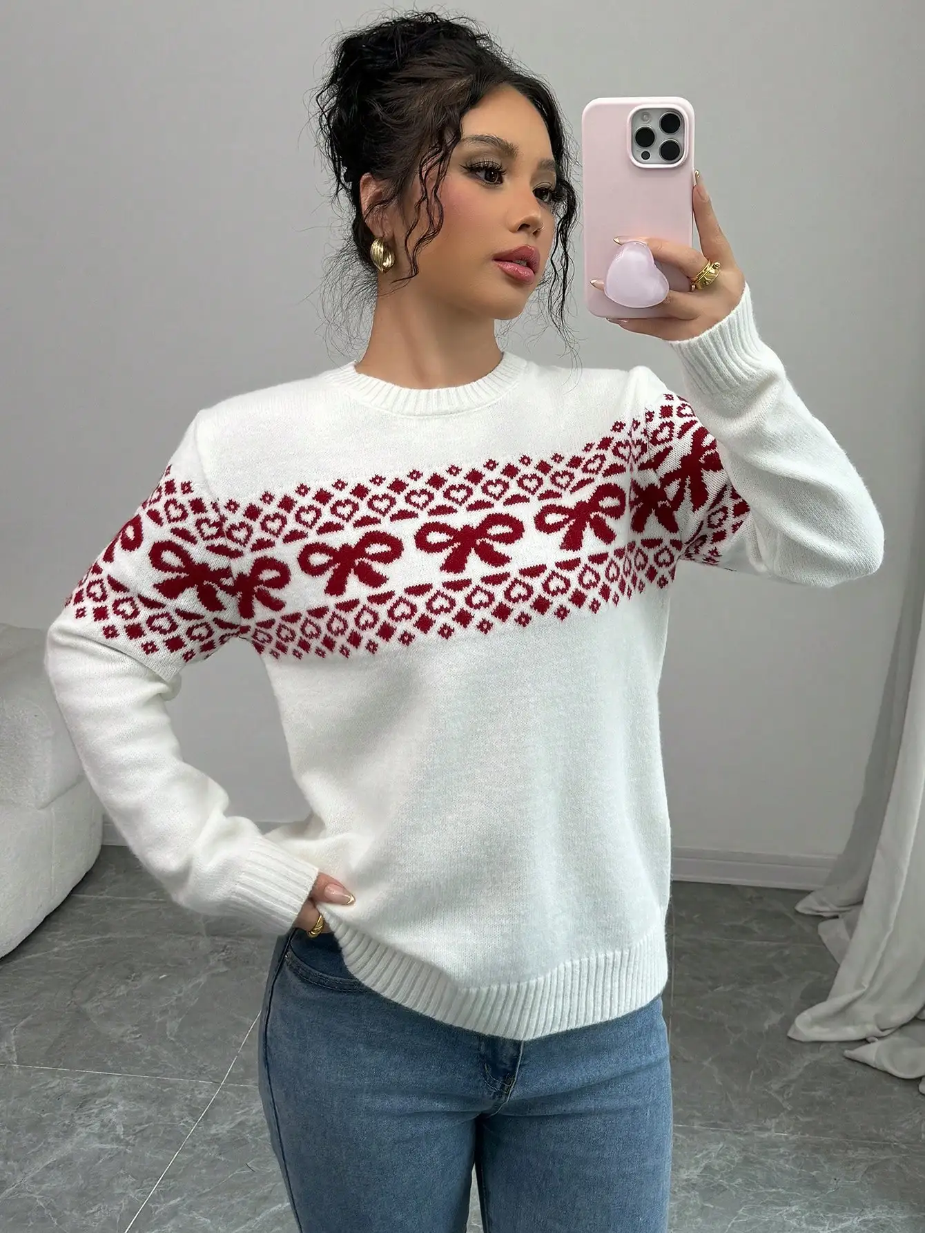 

Women's Casual Crew Neck Bow Pattern Pullover Sweater for Autumn Winter