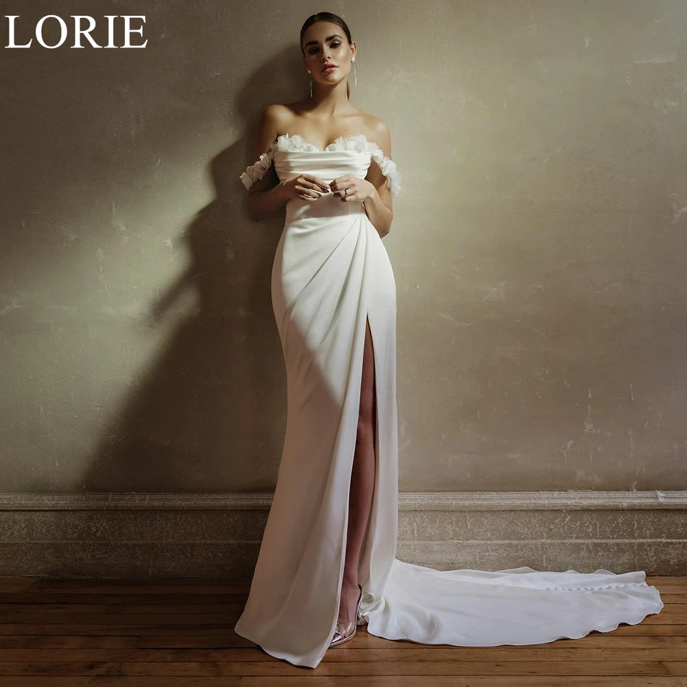 

LORIE Elegant Satin Wedding Dresses Off Shoulder Flowers Mermaid Side Slit Draped Bride Prom Gown 2025 Bridal Gowns Customized